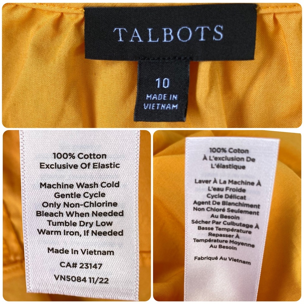 TALBOTS Smocked Poplin Yellow A-Line Midi Dress Split Neckline 3/4 Sleeve Sz 10 - Picture 15 of 16